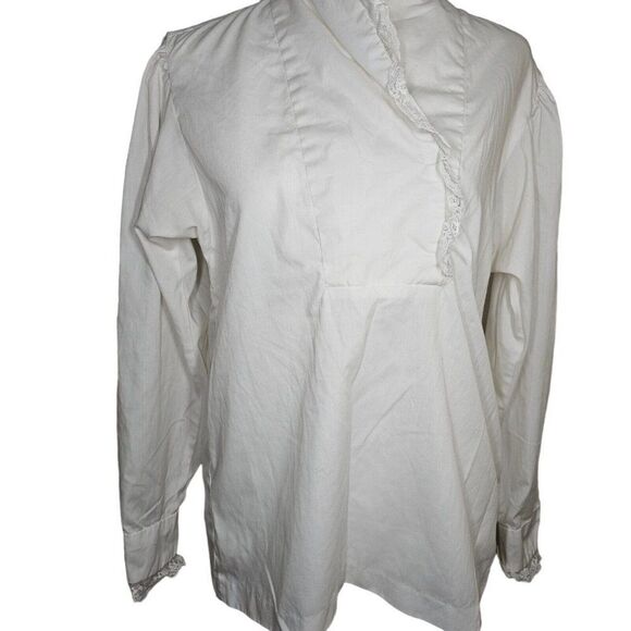 Vintage 80s Button Up Blouse Womens S White Ruffle Front Romantic Modest Lace - Picture 3 of 7